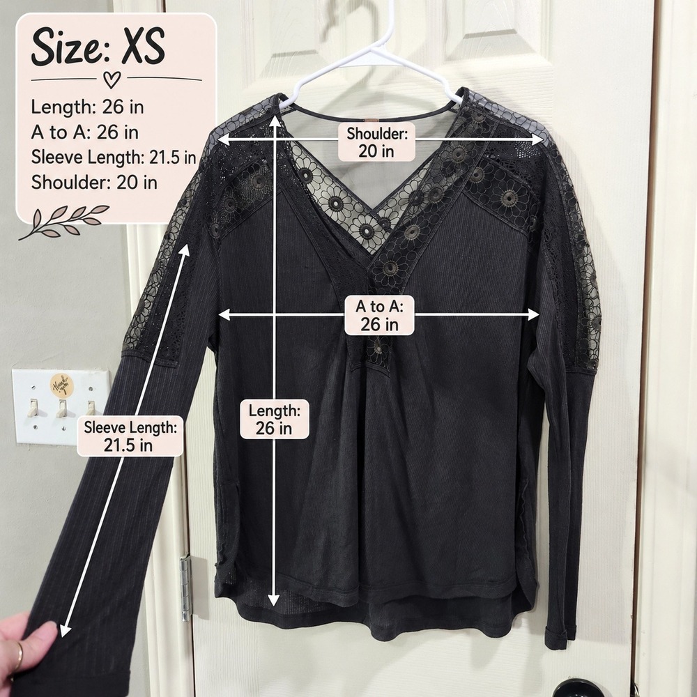 Free People XS Charcoal Grey Ribbed Knit Lace Mesh V-Neck Long Sleeve Top